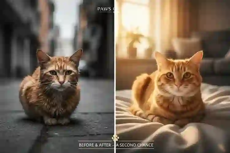 Before and after rescue transformation of a ginger cat
