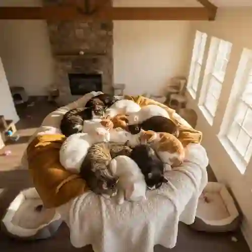 Multiple rescued cats sleeping peacefully on warm blankets