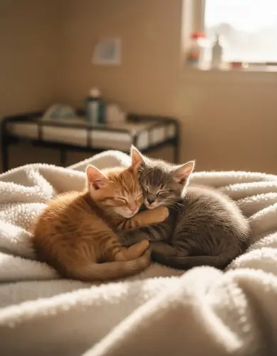 Two rescued kittens cuddling on a white blanket