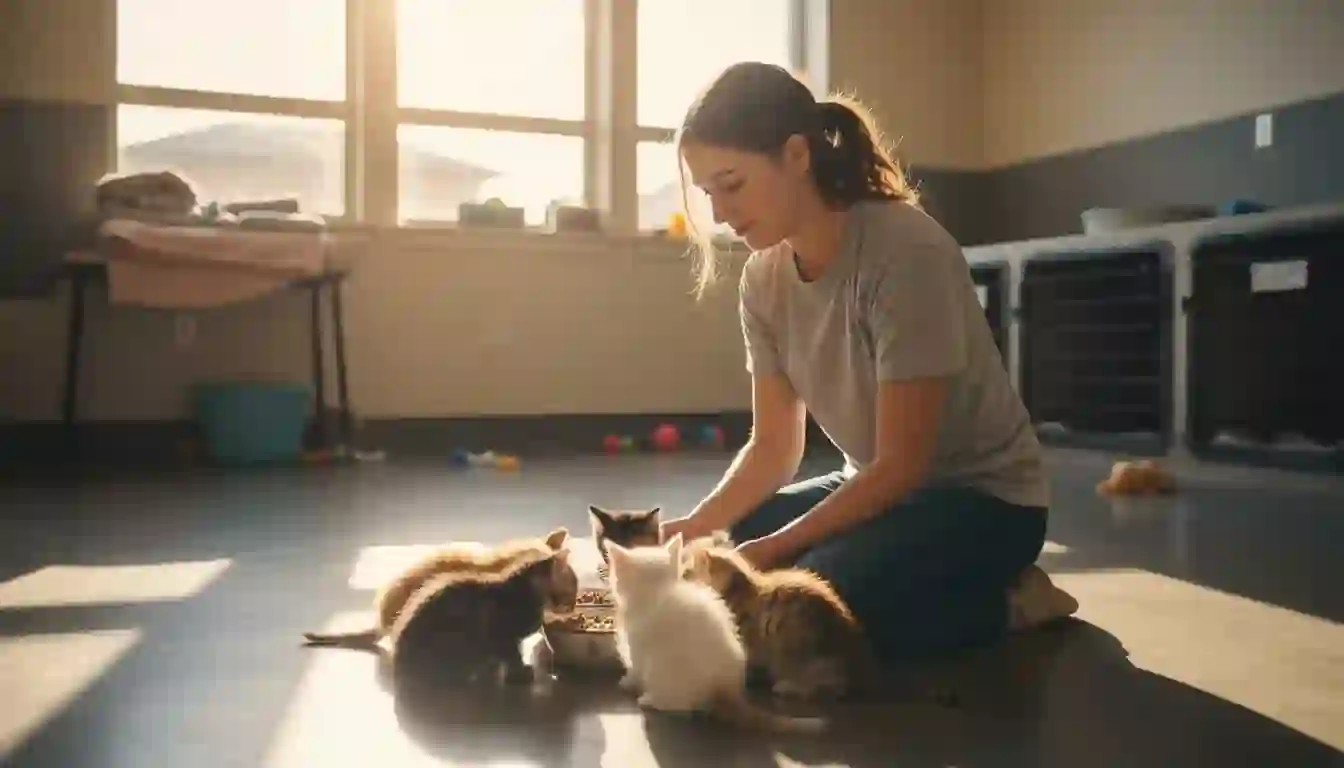 Volunteer feeding kittens at the shelter