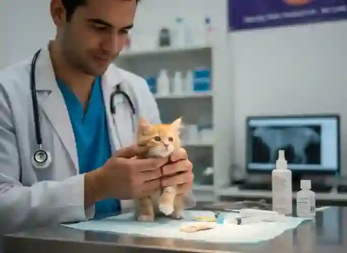 Veterinarian treating an injured kitten at the clinic