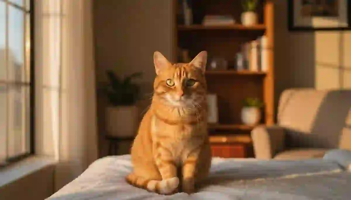 An orange tabby cat with bright green eyes staring directly at the camera